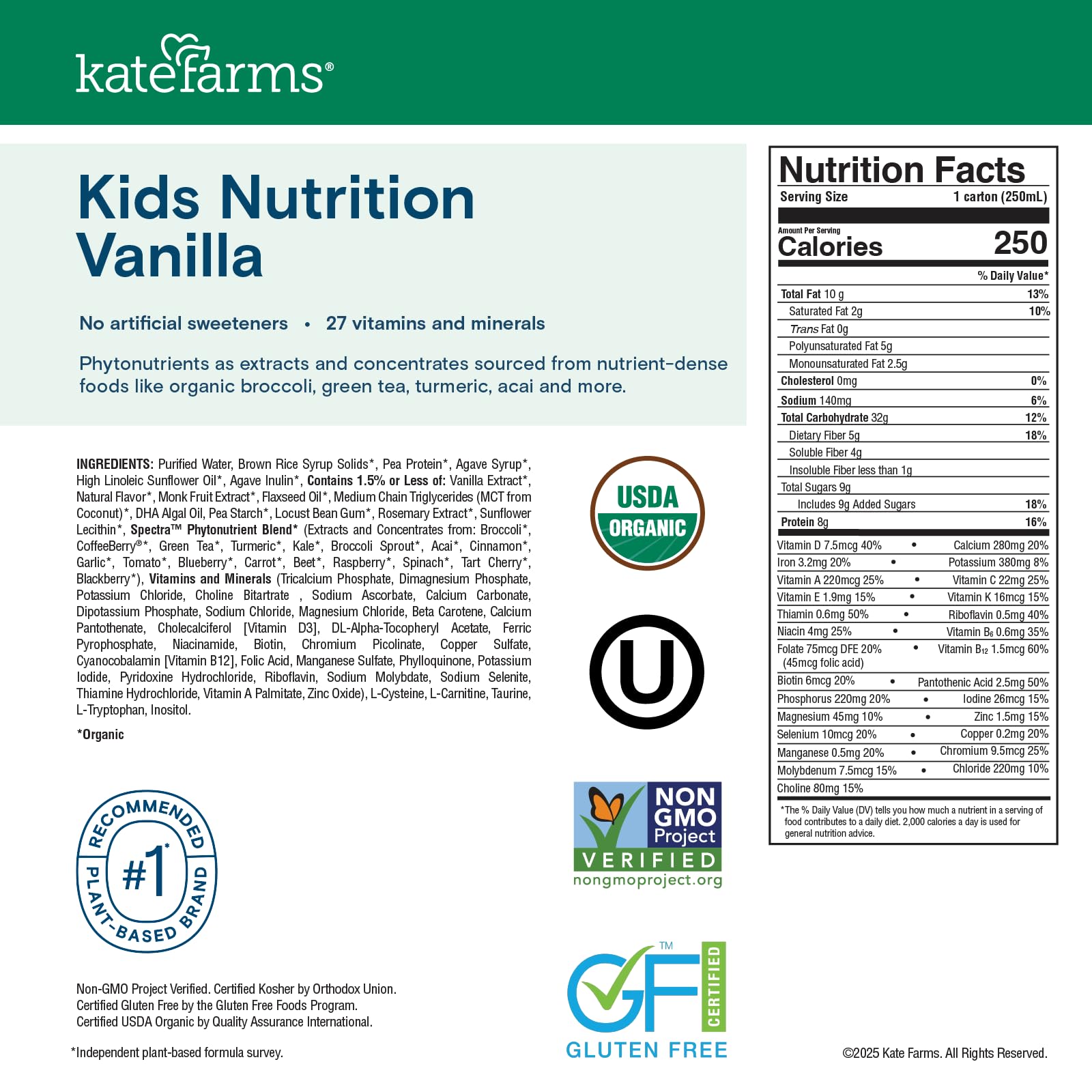 Kate Farms Kids Nutrition Vanilla Shake dairy-free, suitable for milk-free diets.