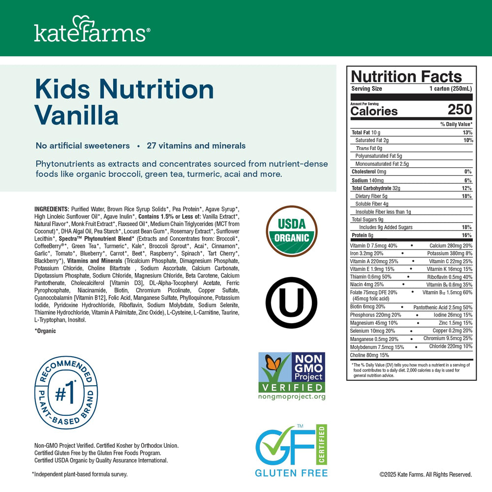 Kate Farms Kids Nutrition Vanilla Shake dairy-free, suitable for milk-free diets.