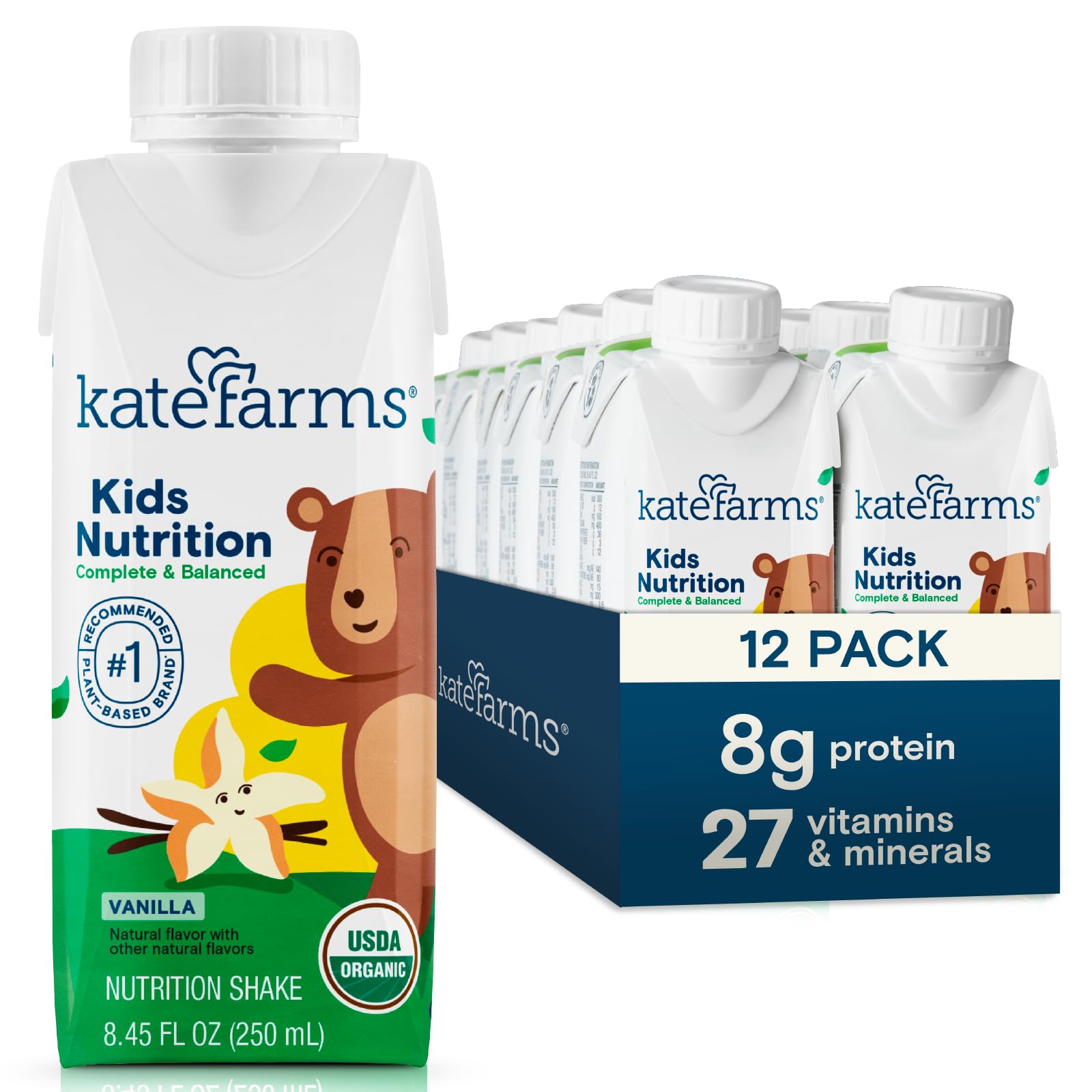 Kate Farms Kids Nutrition Vanilla Shake pack shot, a plant-based meal replacement for busy mornings.