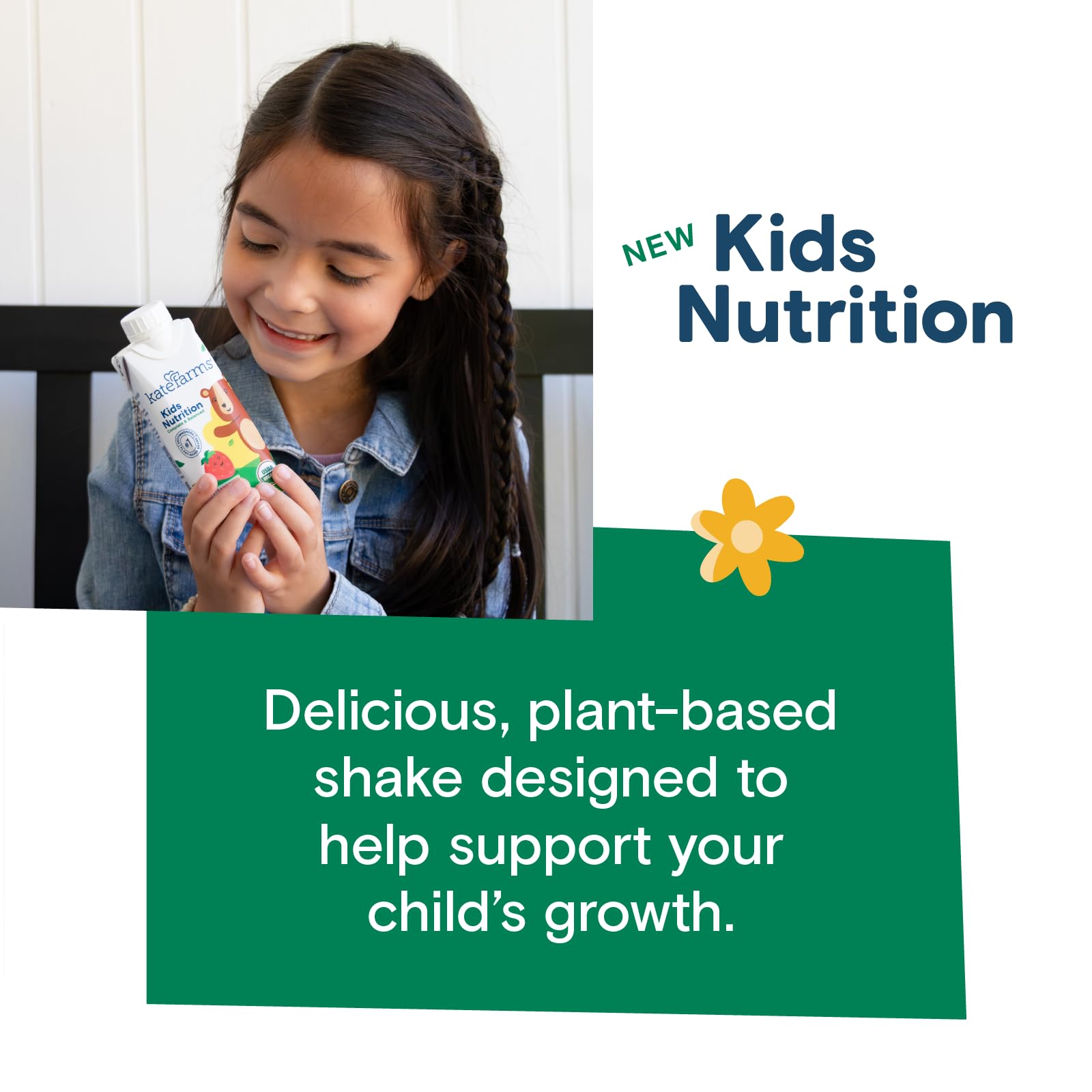 Kate Farms Kids Nutrition Vanilla Shake as a smoothie base with fruits and greens.