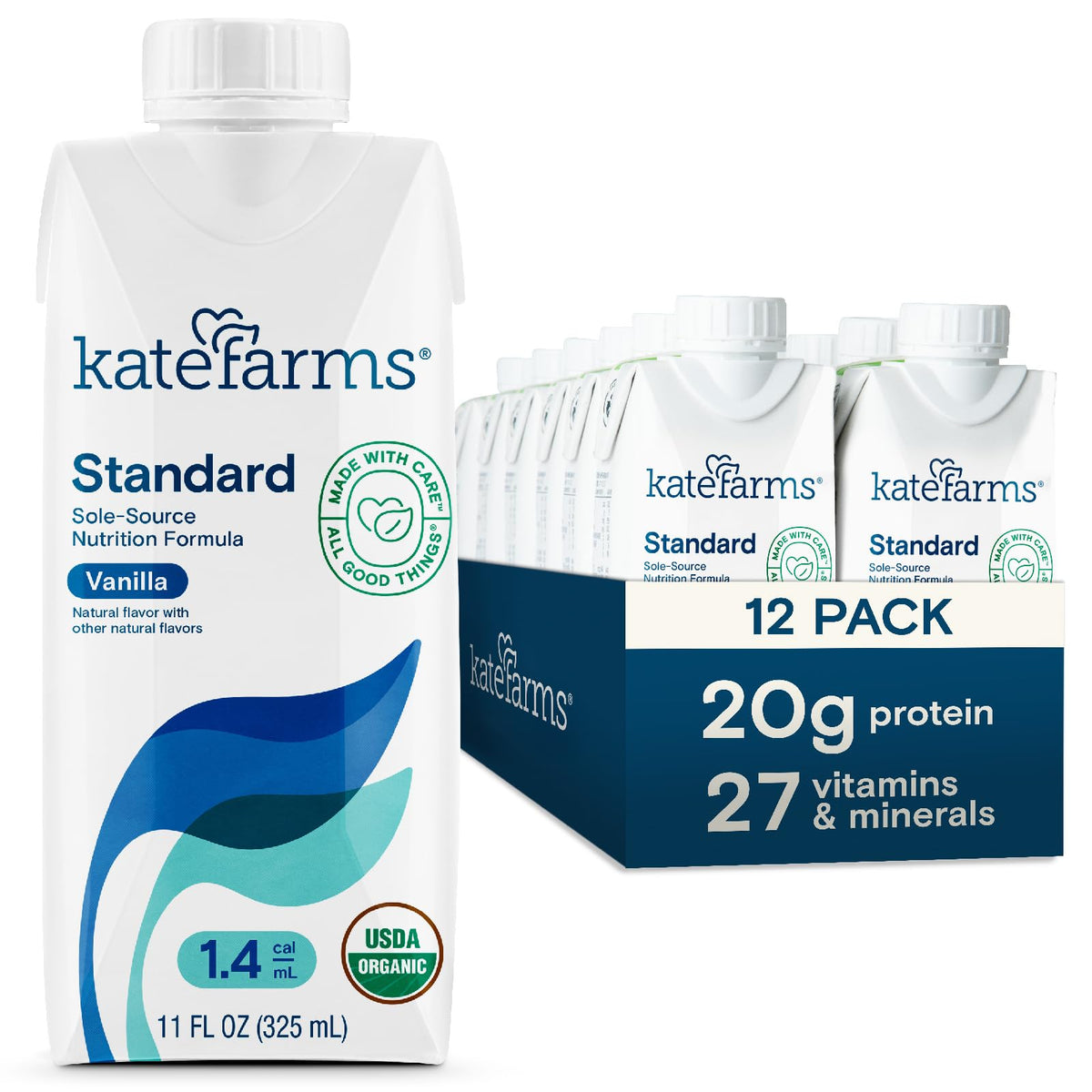 Kate Farms Organic 1.4 Vanilla bottle label, rich in calories and nutrients