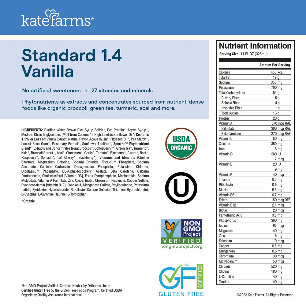 Kate Farms packaging for Organic 1.4 High Calorie Shake vanilla in 12-pack