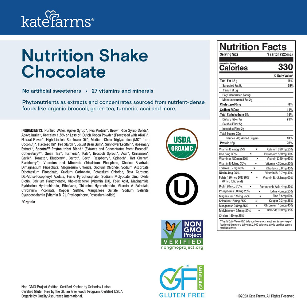 Kate Farms Chocolate Shake nutrition panel shows 16g protein and 27 vitamins