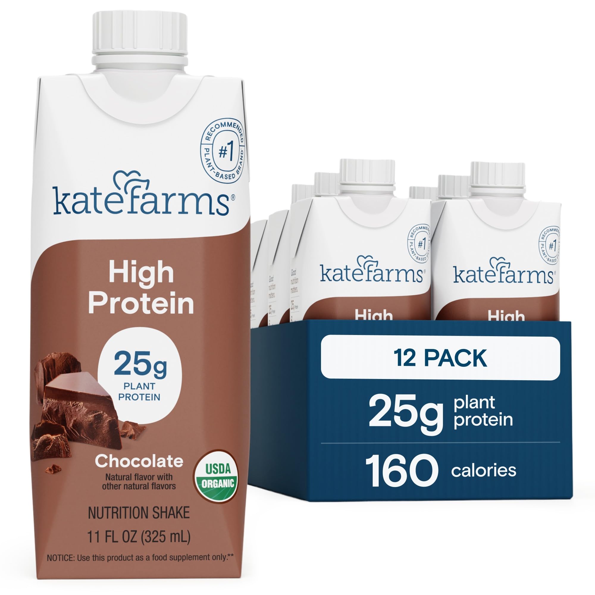 Kate Farms Organic High Protein Chocolate shake bottle — protein-rich nutrition per serving.