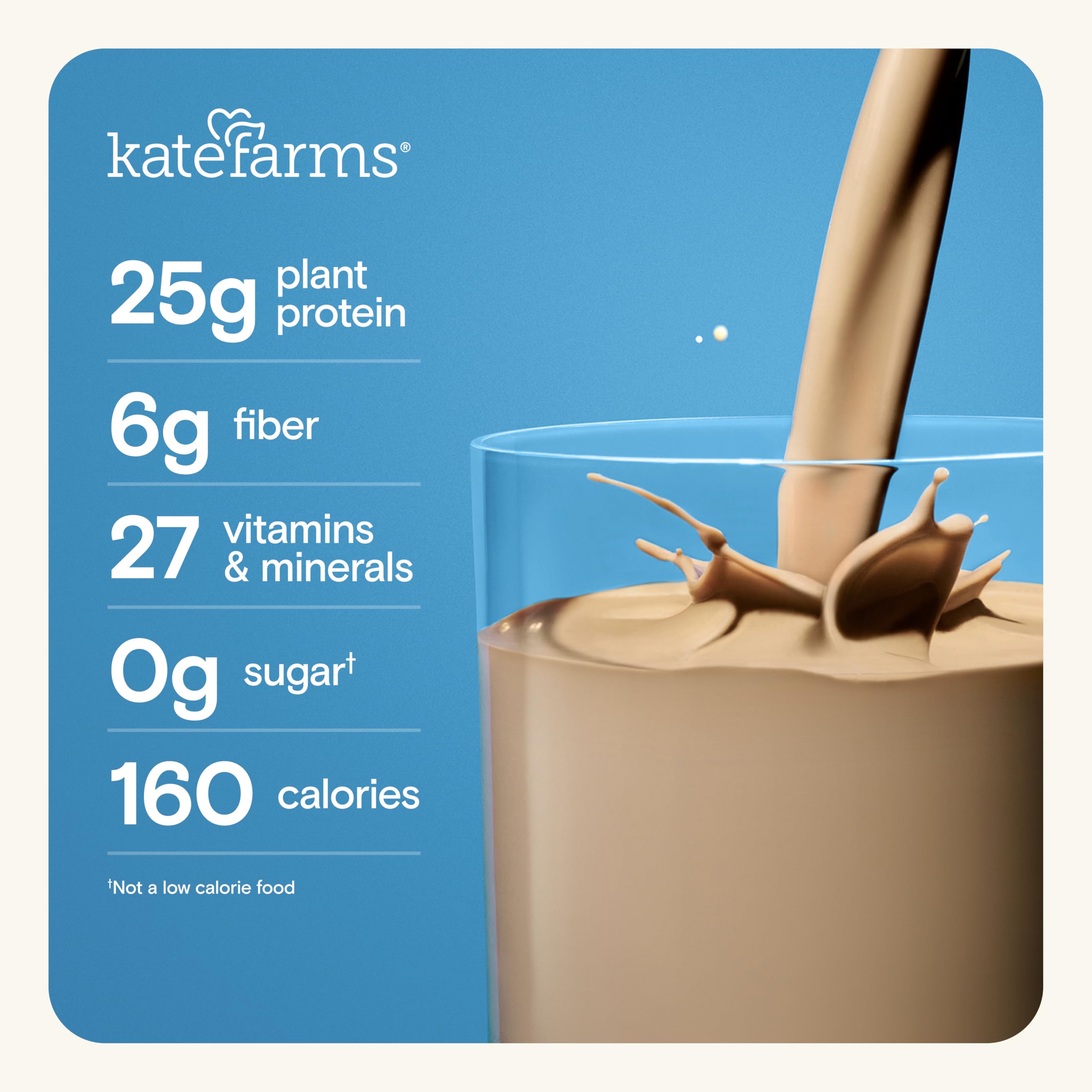 Kate Farms Chocolate shake pour — convenient plant-based nutrition on the go.