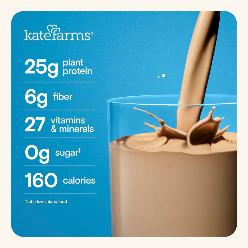 Kate Farms Chocolate shake pour — convenient plant-based nutrition on the go.