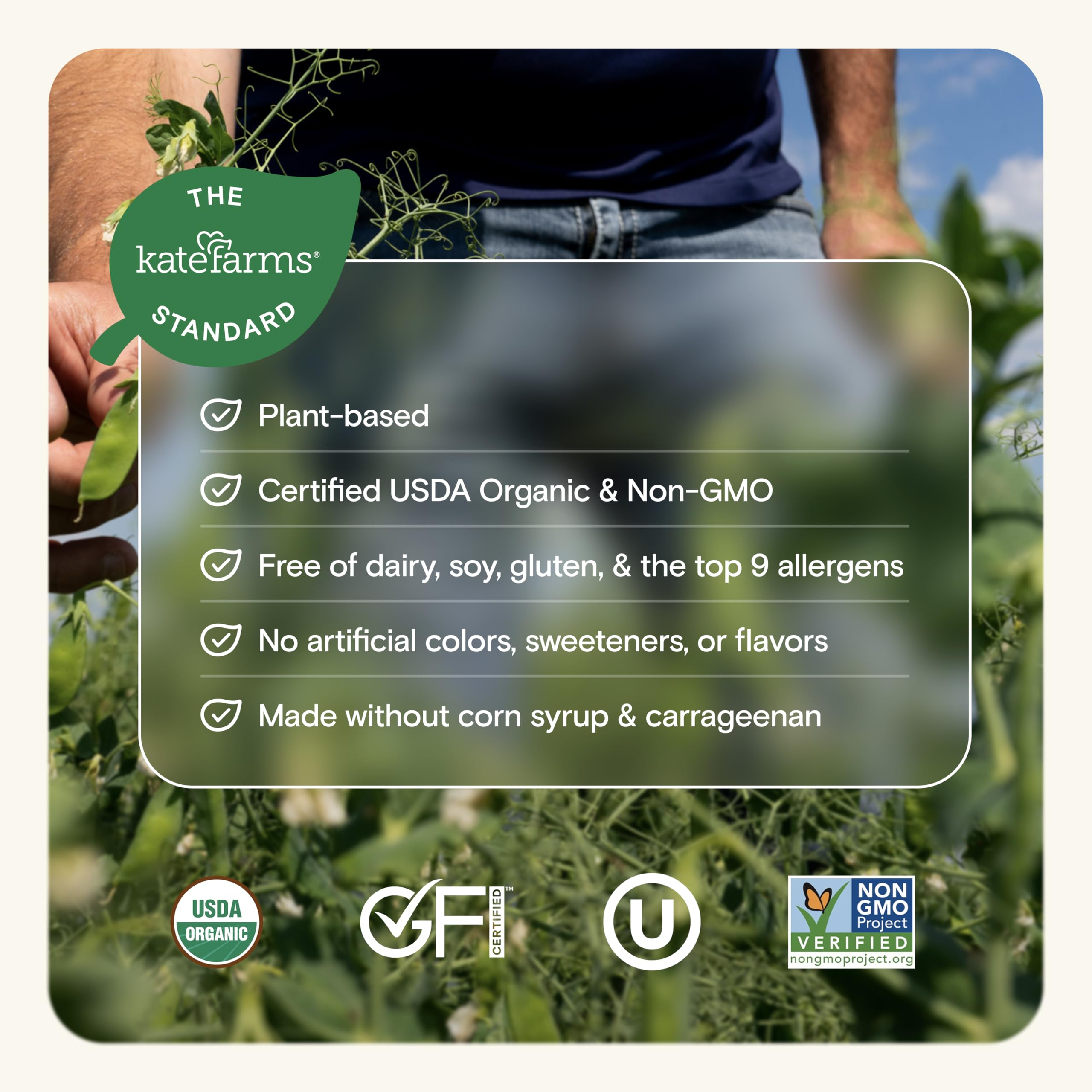 Kate Farms shake ingredients close-up — pea protein and phytonutrients highlighted.