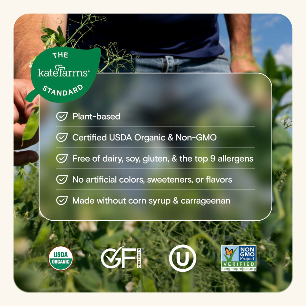Kate Farms shake ingredients close-up — pea protein and phytonutrients highlighted.