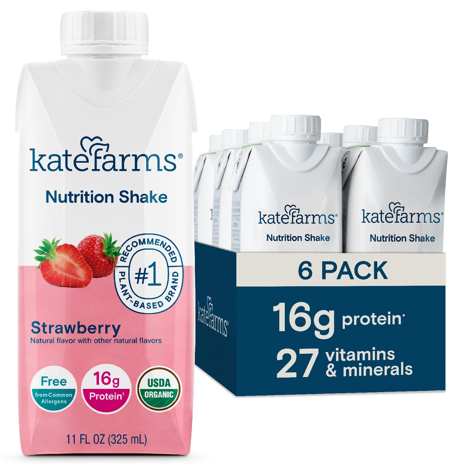 Kate Farms Organic Nutrition Shake front bottle in strawberry flavor for daily nutrition
