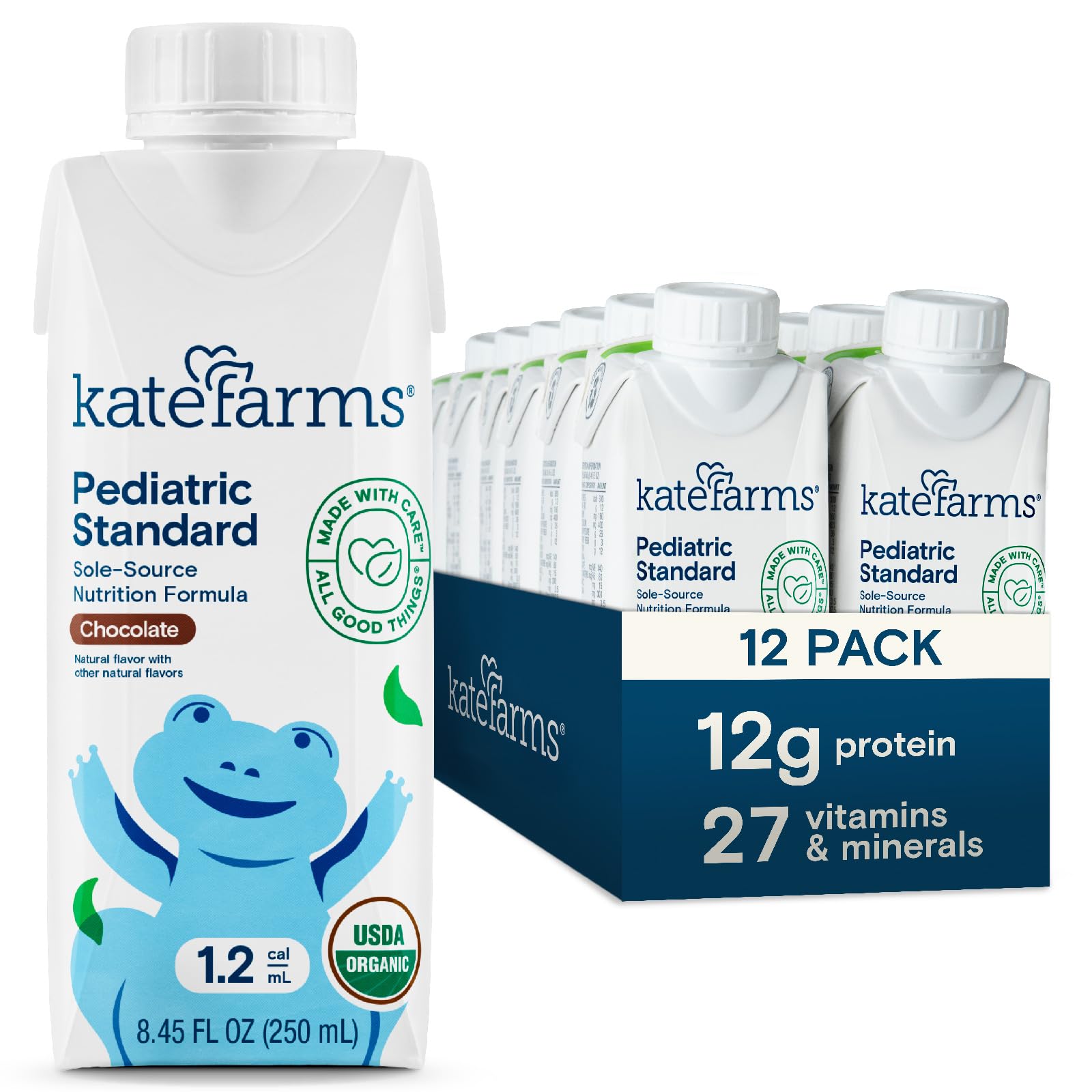 Kate Farms Organic Pediatric 1.2 chocolate bottle for kid-friendly nutrition.