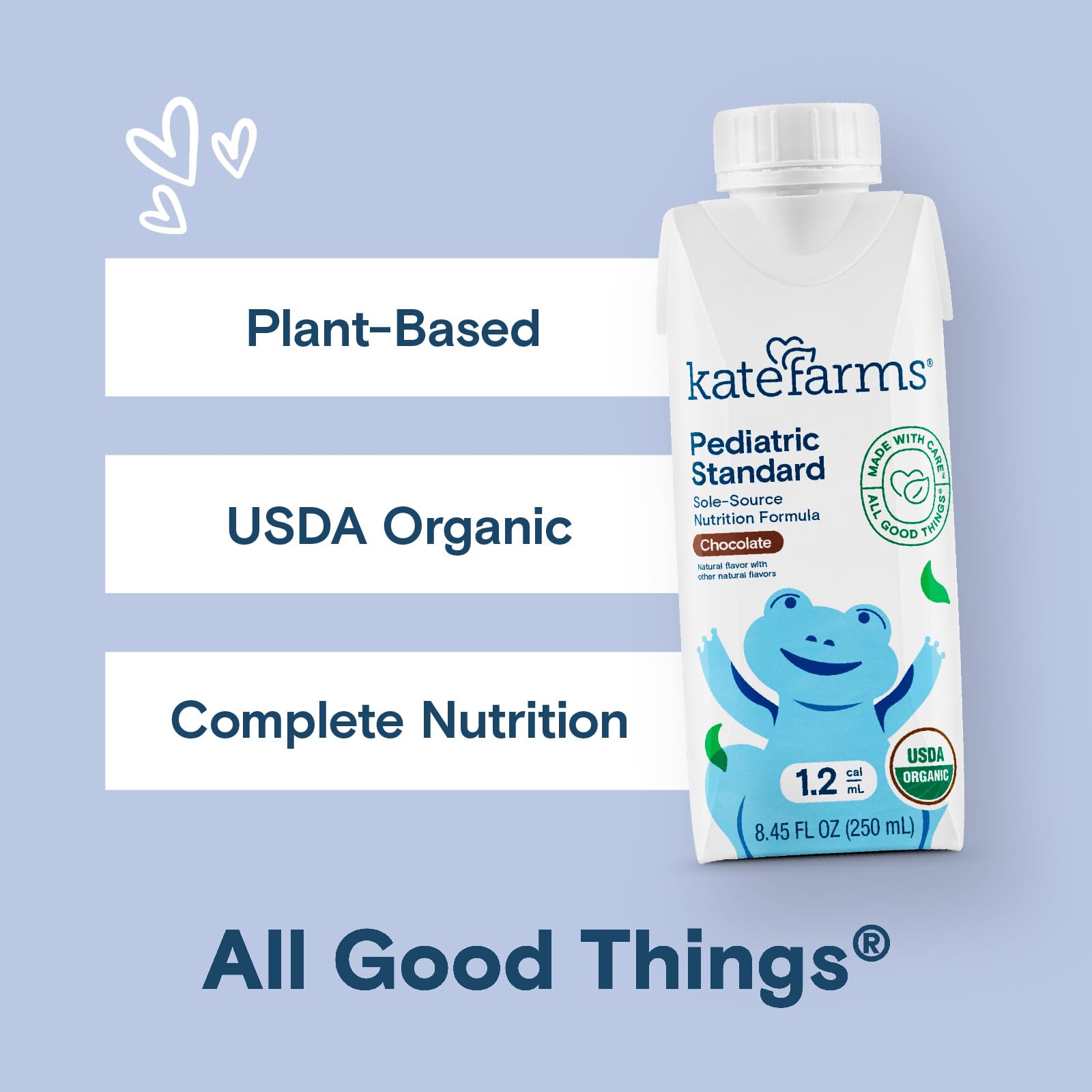 Kate Farms Organic Pediatric 1.2 chocolate ingredients card with phytonutrients.