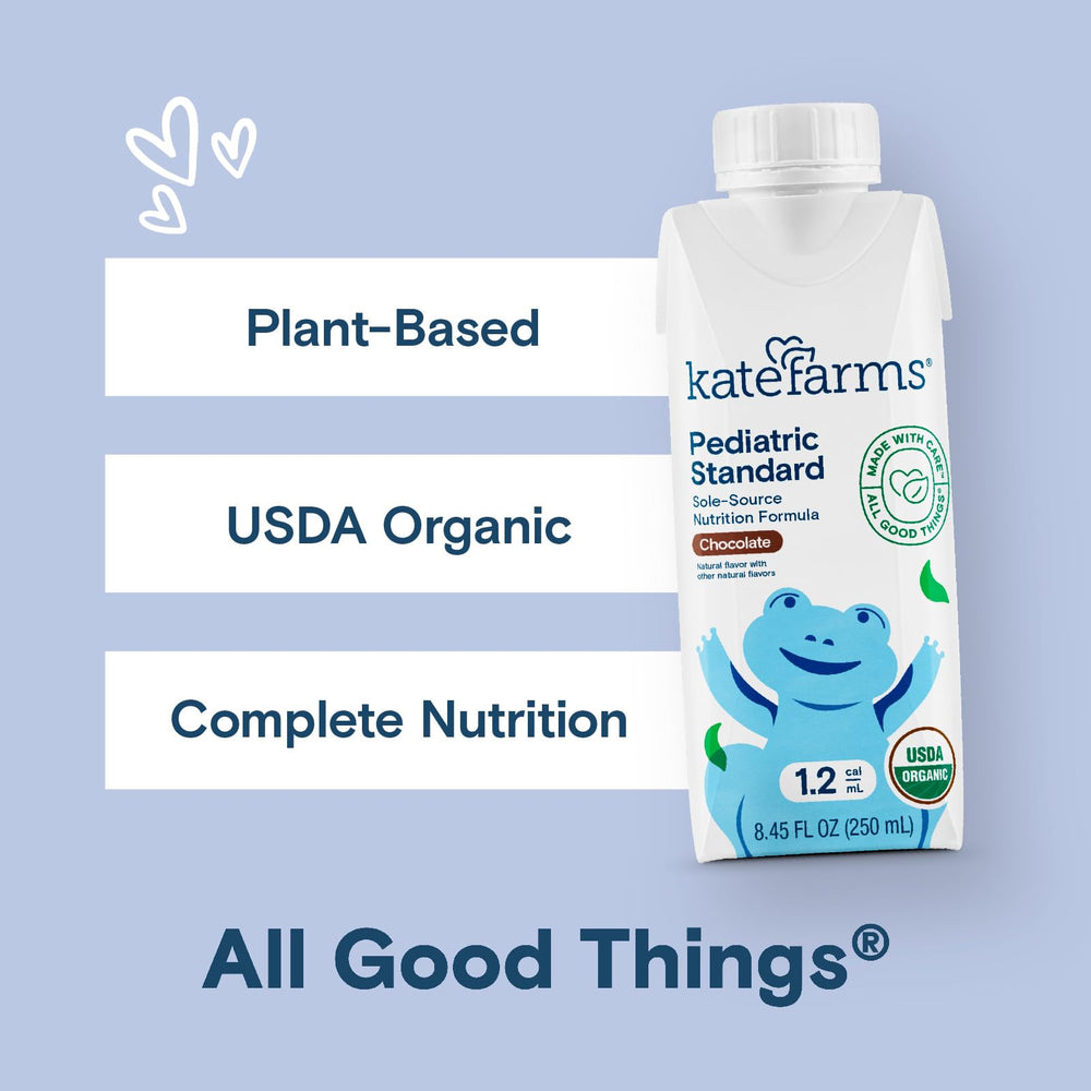 Kate Farms Organic Pediatric 1.2 chocolate ingredients card with phytonutrients.