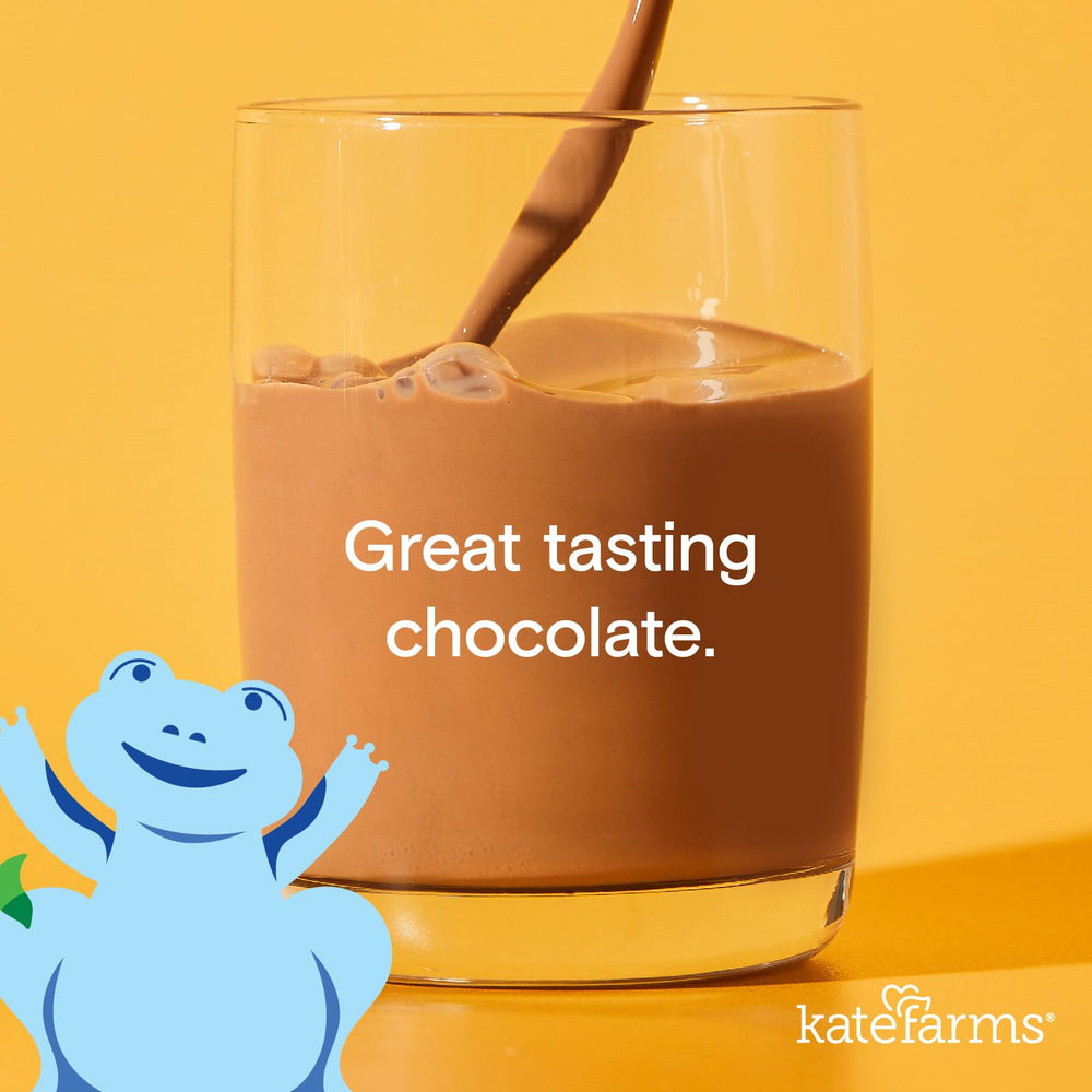 Kate Farms Organic Pediatric 1.2 chocolate packaging box display of 12 packs.
