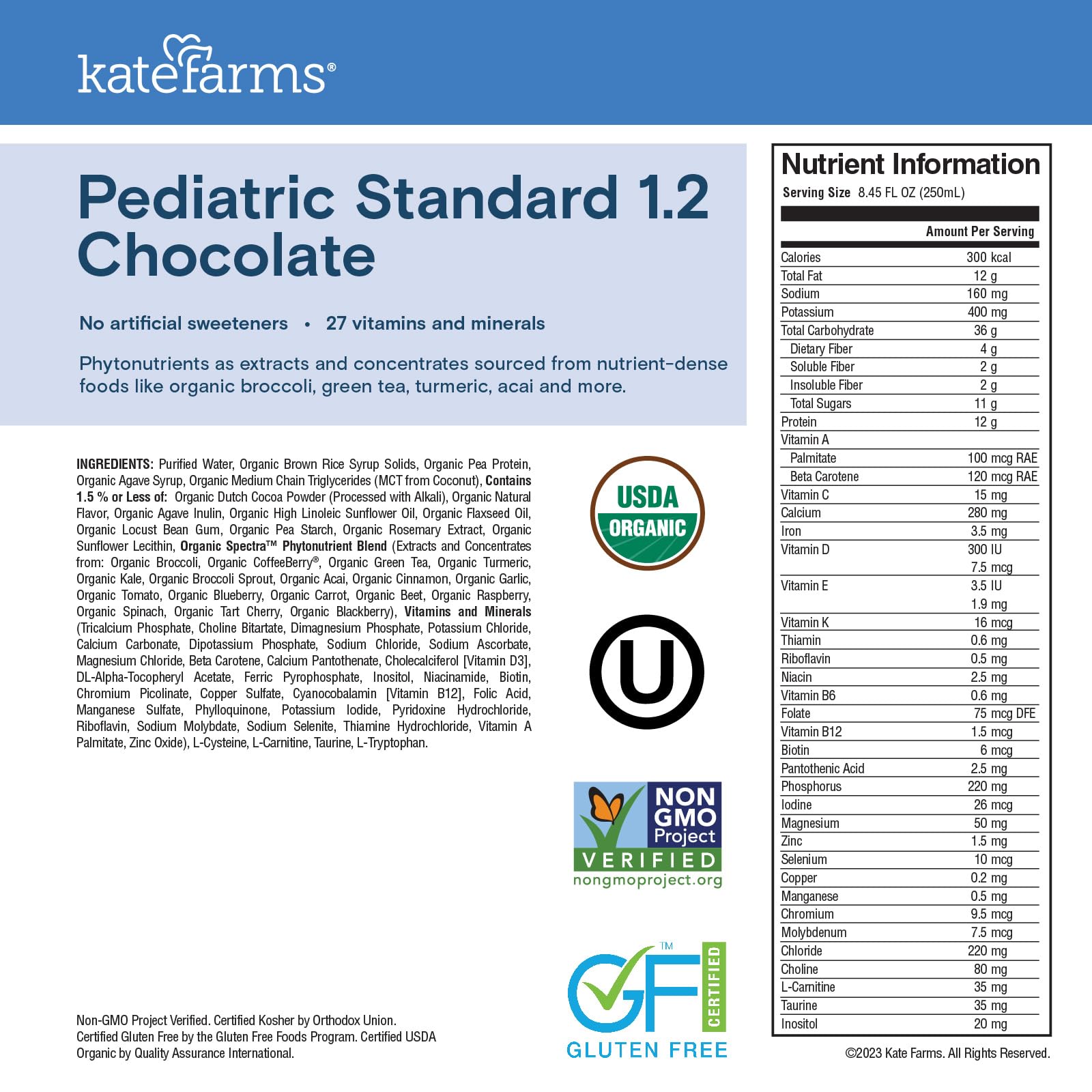 Kate Farms Organic Pediatric 1.2 chocolate pour into glass for easy serving.