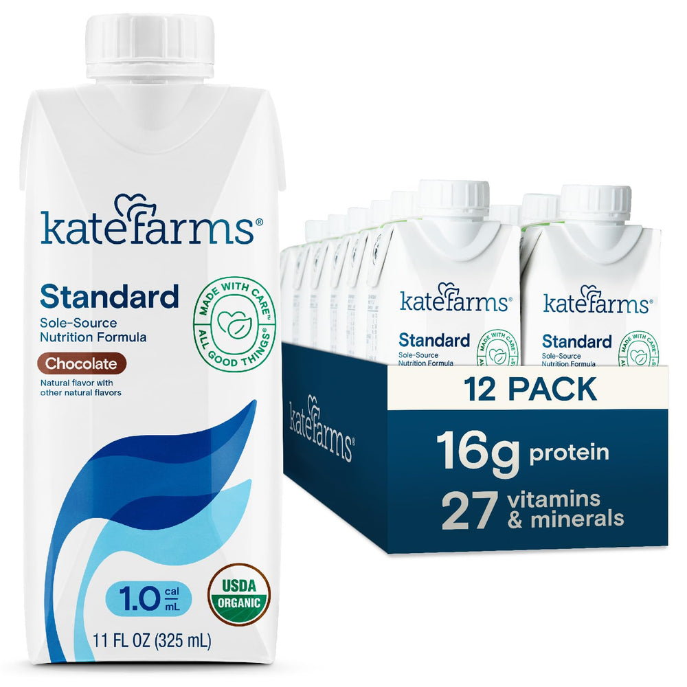 Kate Farms Organic1.0 Chocolate shake bottle shows nutrition for meals
