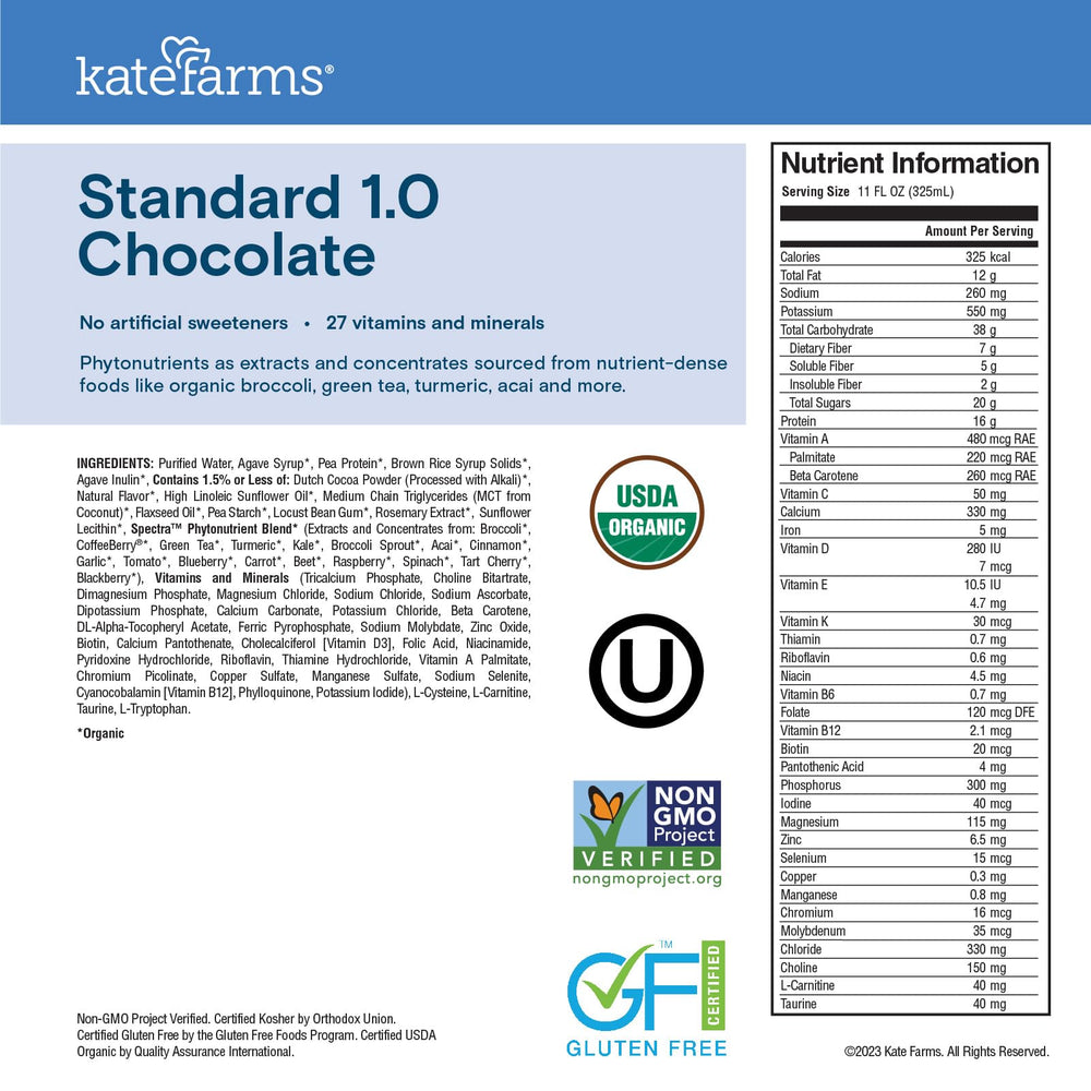 Pack shot of Kate Farms Organic1.0 Chocolate shake 12-pack
