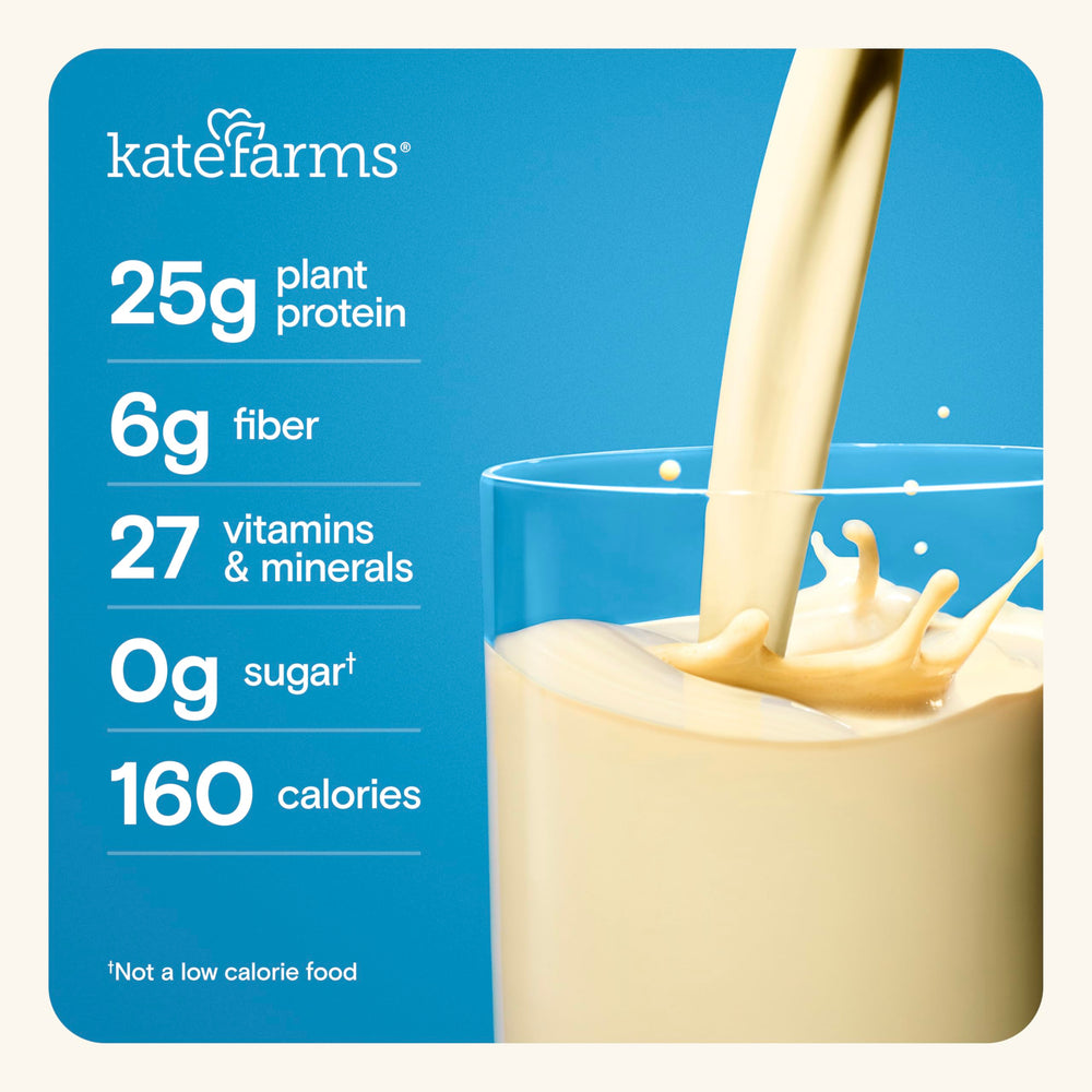 Pouring Kate Farms shake into a glass for a convenient protein-forward snack