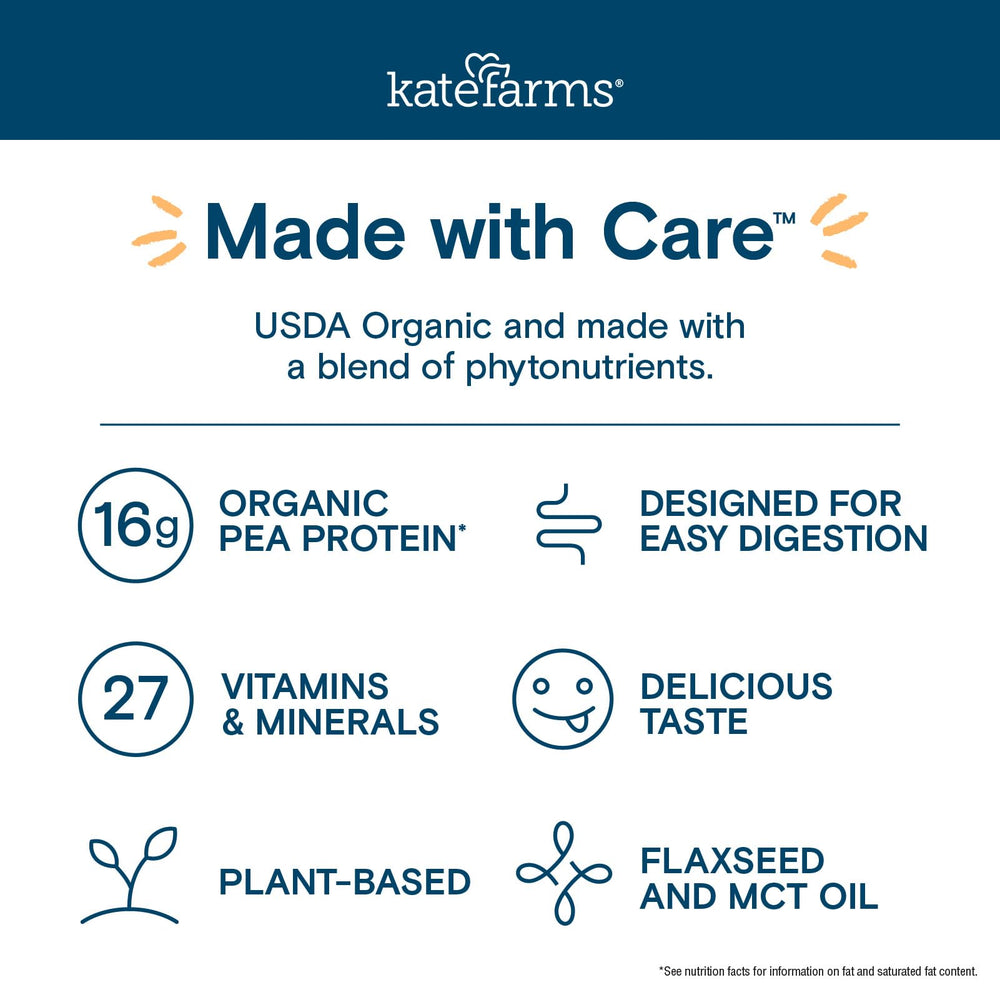 Kate Farms vanilla shake on-the-go bottle in bag for quick meal.
