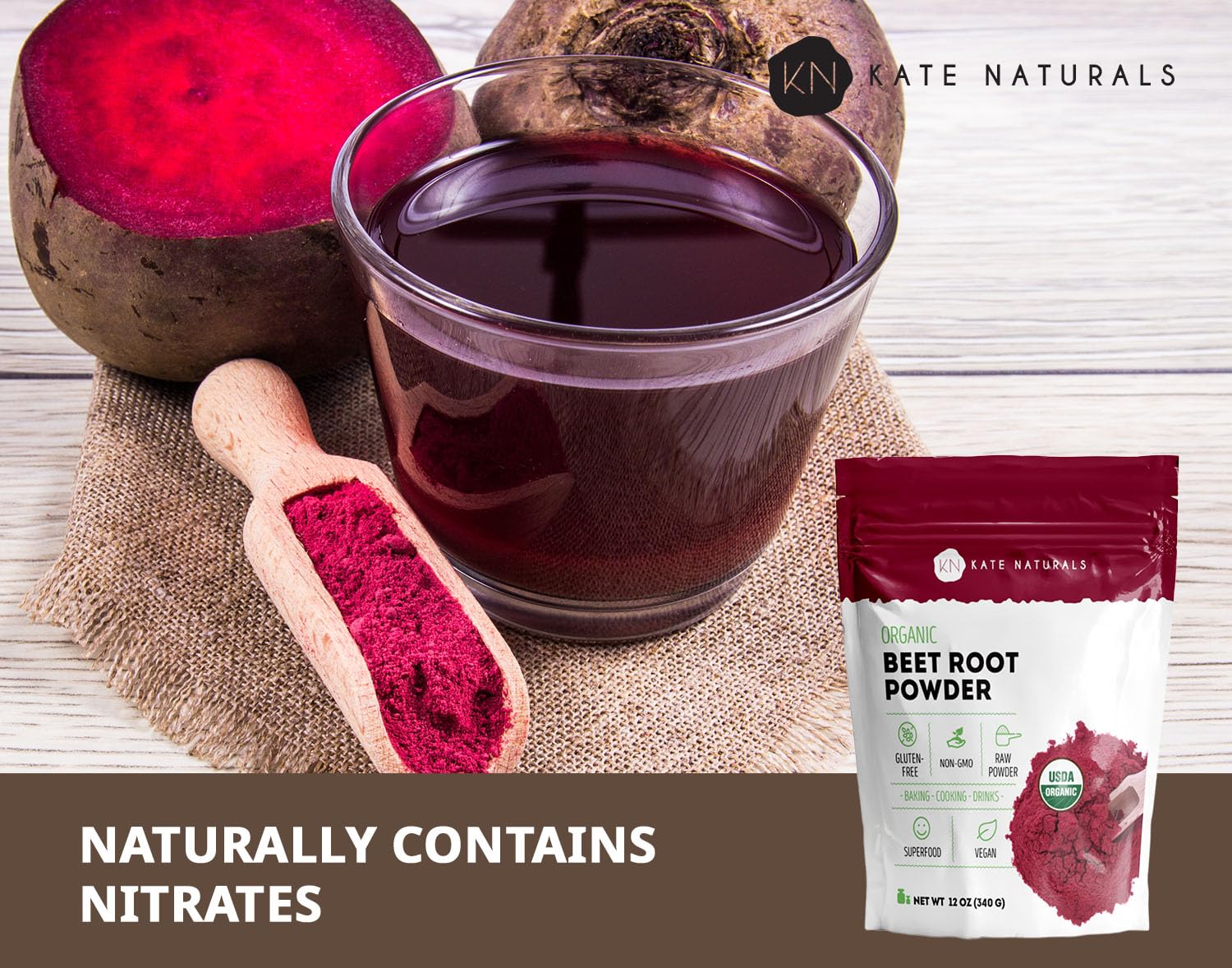 Kate Naturals Beet Root Powder texture close-up for baking and smoothies