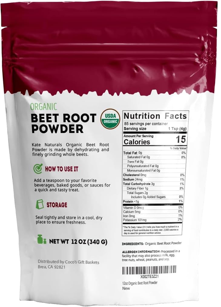 Kate Naturals Beet Root Powder packaging highlights organic non GMO roots