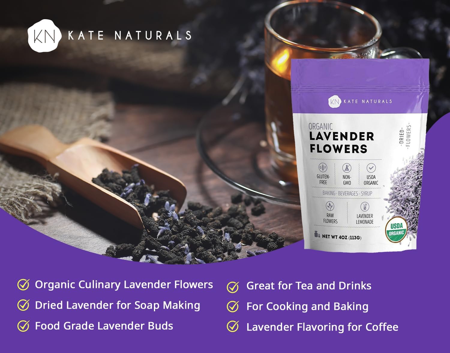 Kate Naturals dried lavender flowers for lemonade, adding floral aroma