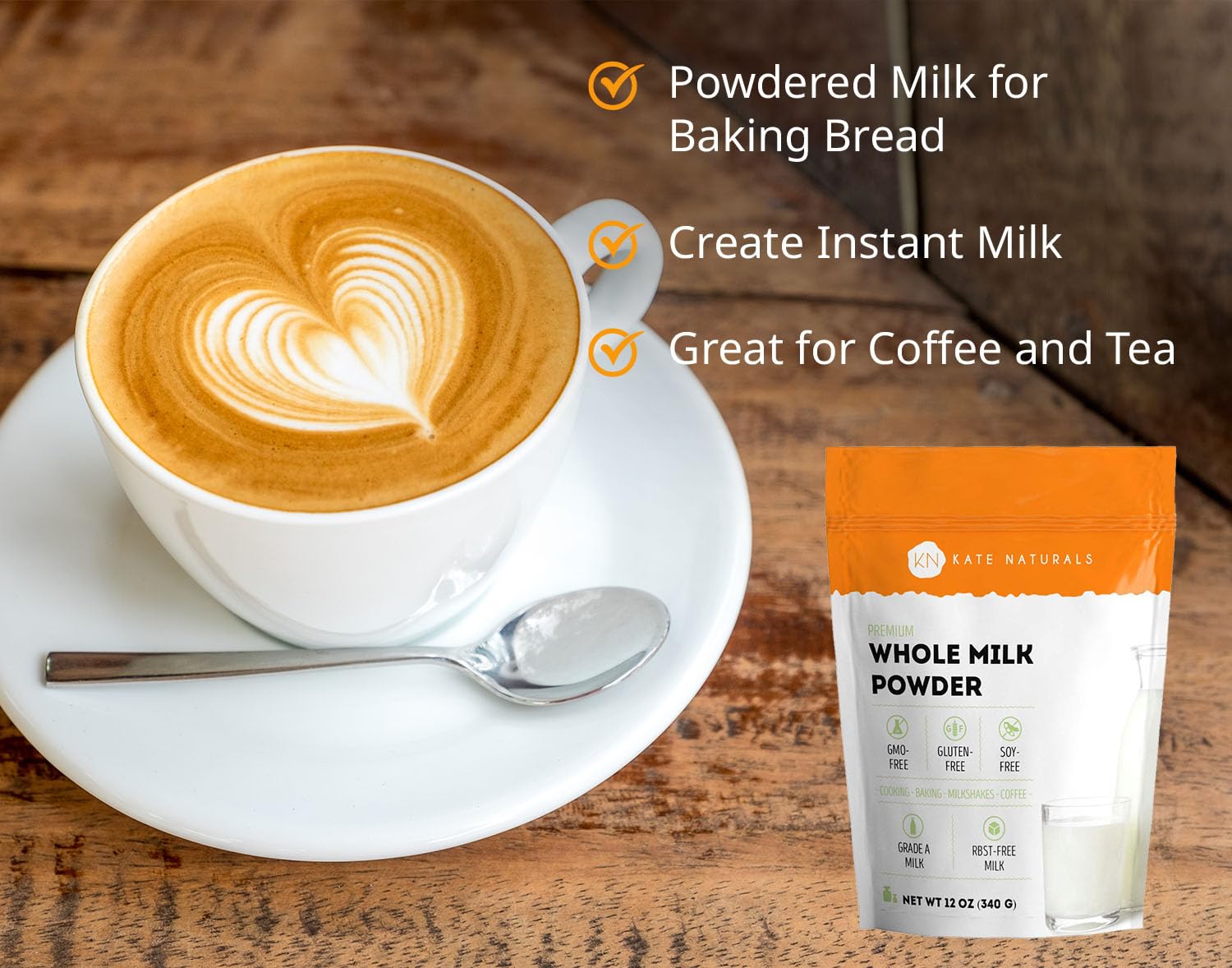 Kate Naturals dry whole milk powder measured for quick recipes and baking.