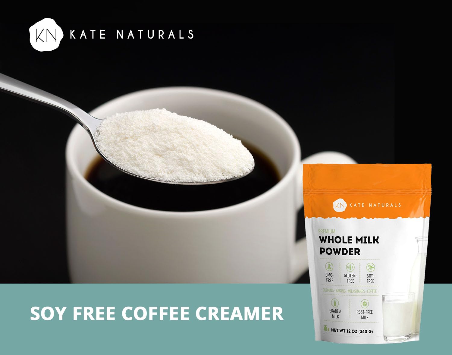 Kate Naturals milk powder stored in a pantry jar for ready use.