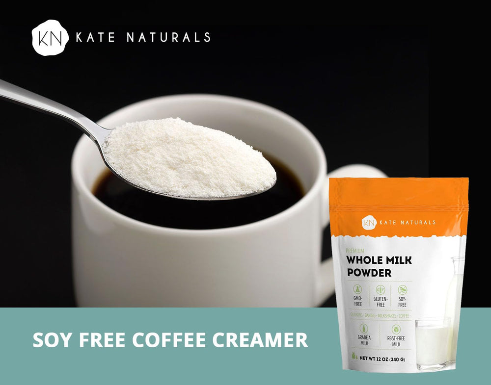 Kate Naturals milk powder stored in a pantry jar for ready use.