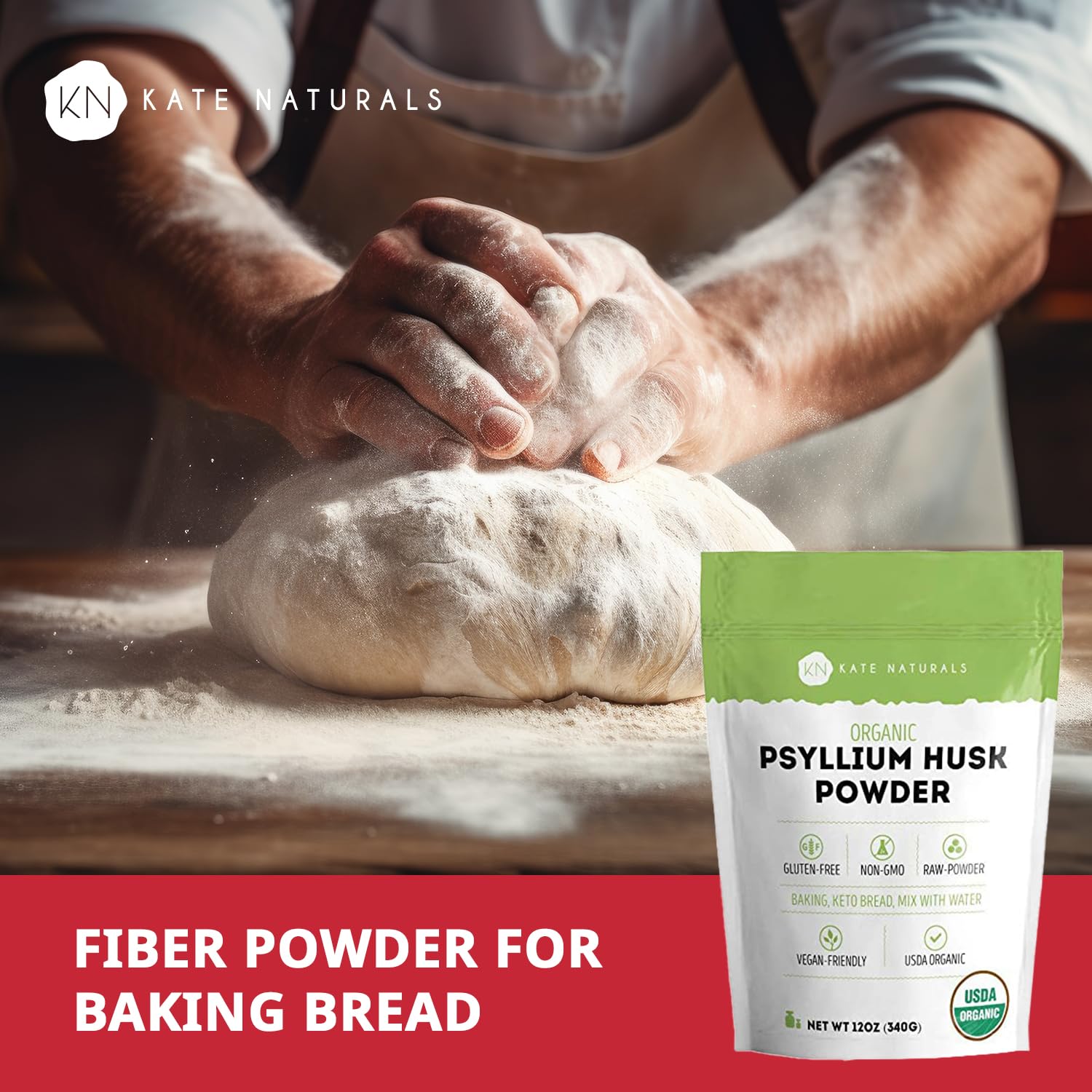 Kate Naturals psyllium husk powder in a kitchen storage bottle
