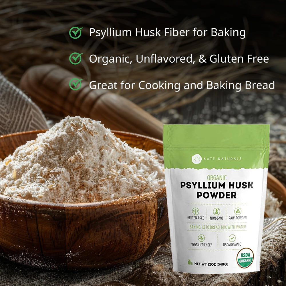 Kate Naturals psyllium husk powder being added to juice for fiber boost