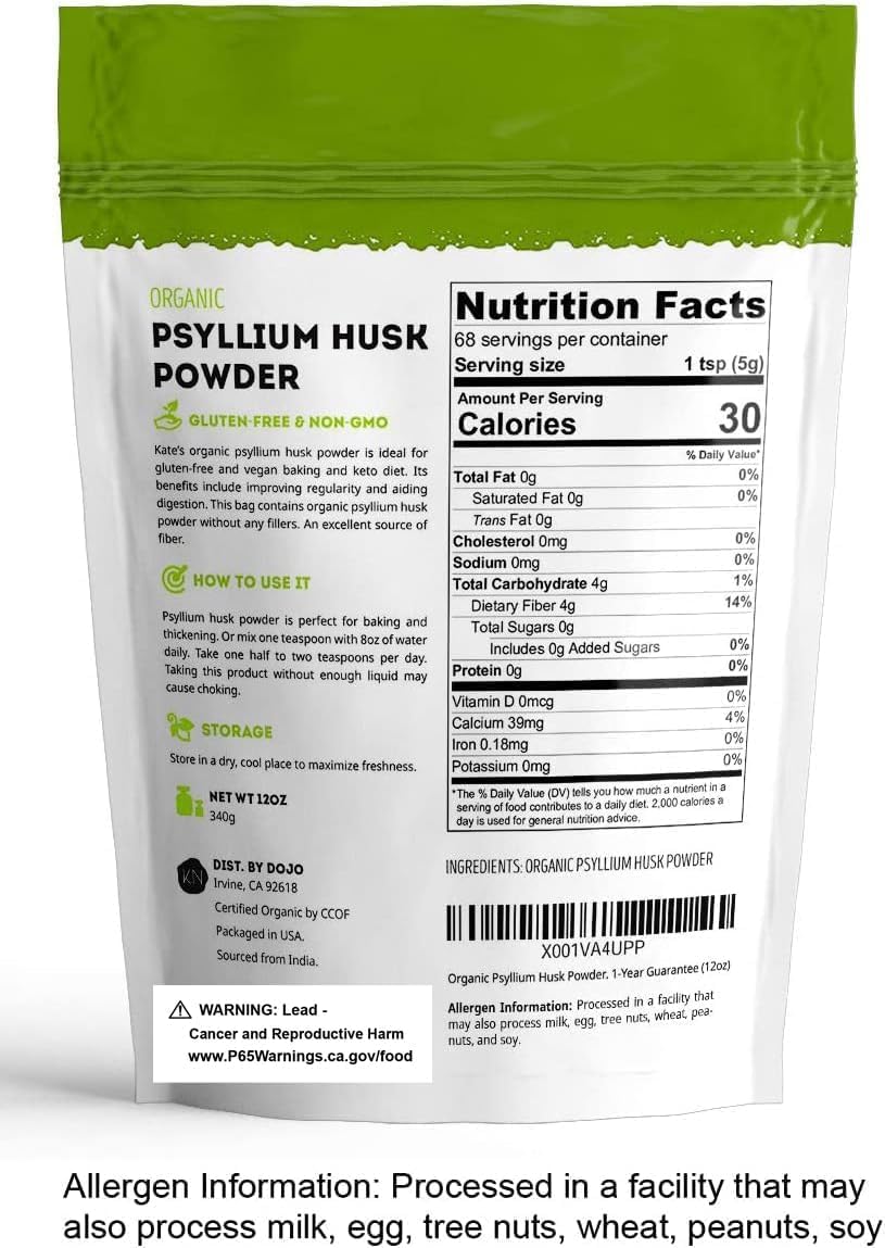 Kate Naturals organic psyllium husk powder label indicating organic certification