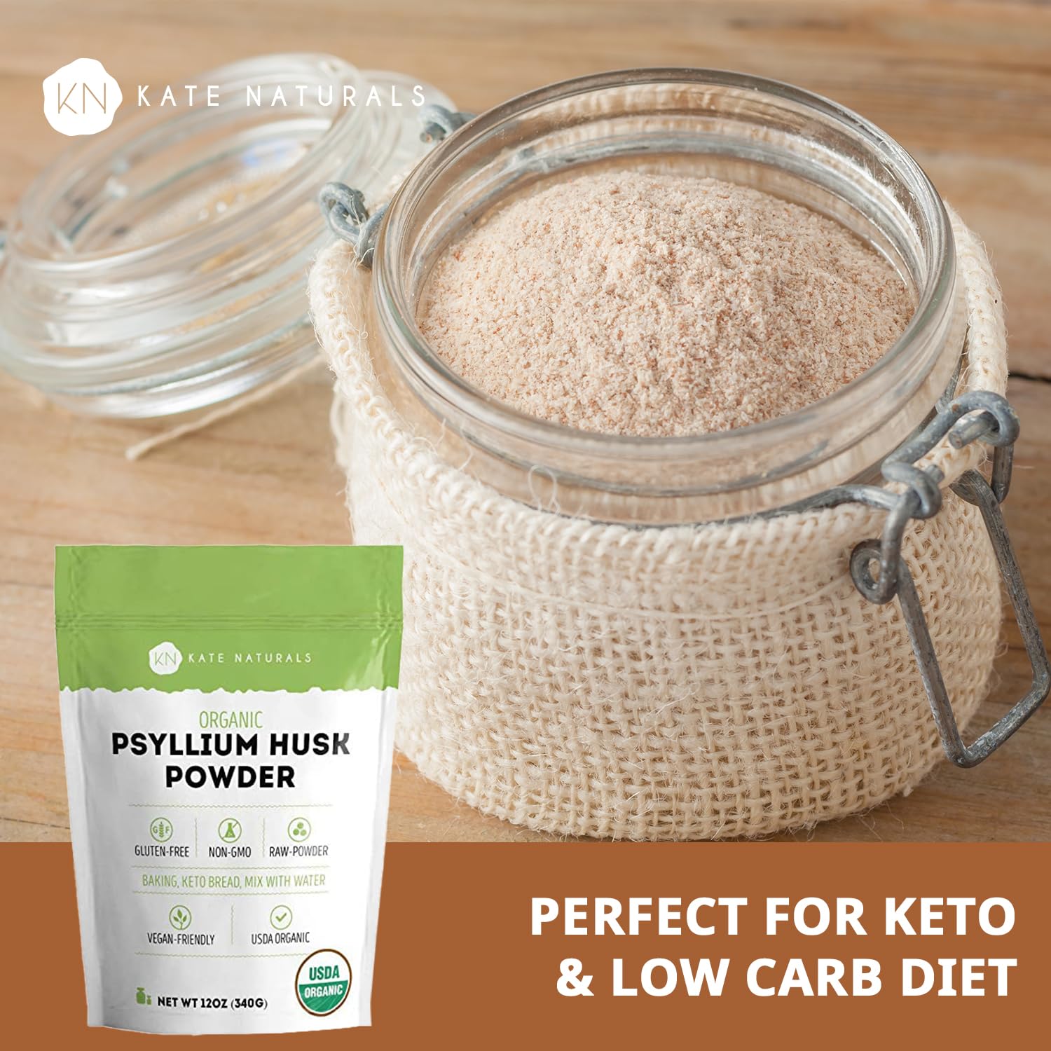 Kate Naturals psyllium husk powder in a smoothie for fiber boost