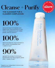 Creamy foam application shows gentle cleanse for acne-prone skin.