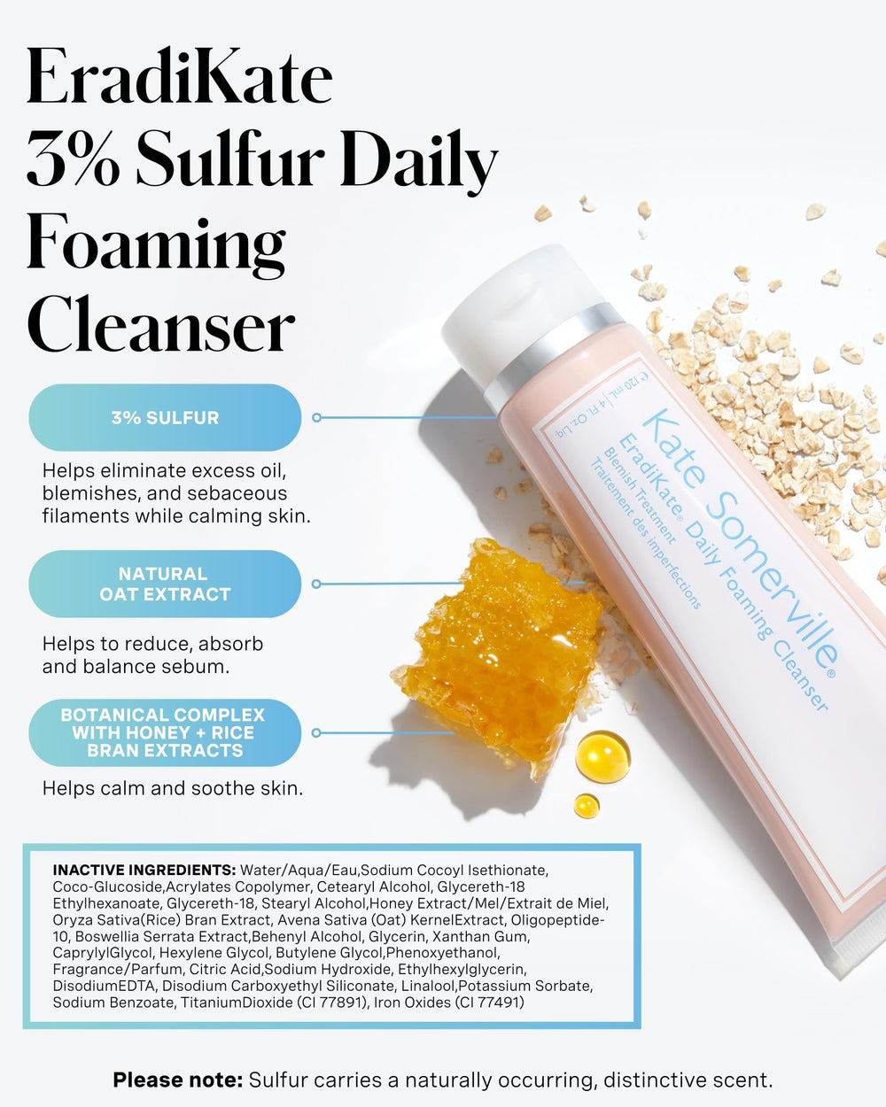 EradiKate sulfur formula closeup highlights medicated cleanse for clearer-looking pores.