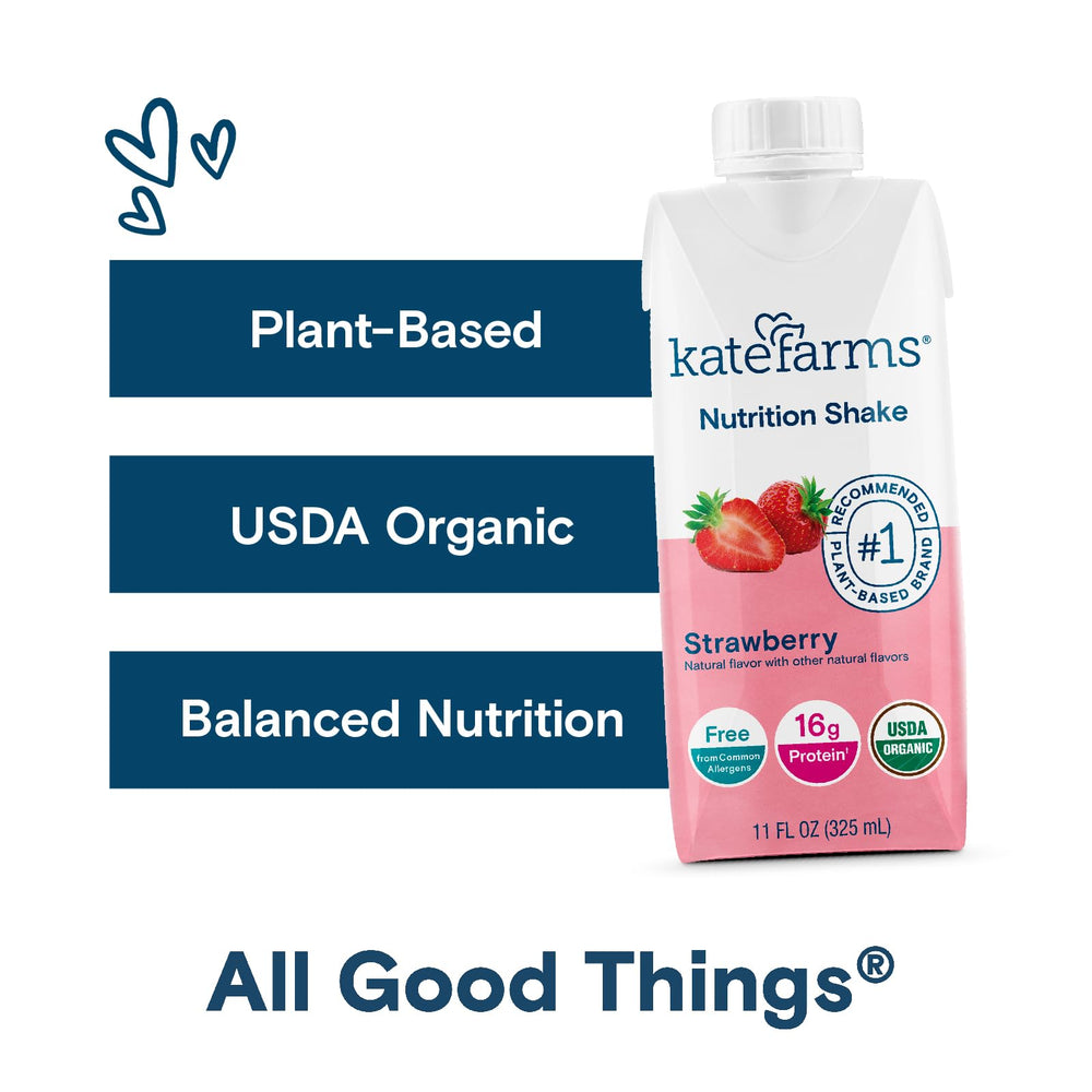 Kate Farms complete nutrition strawberry bottle showcases macro and micronutrients.