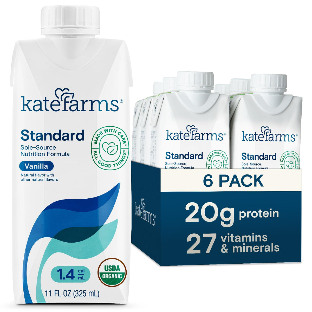 Kate Farms 1.4 Vanilla shake carton front, high-calorie nutrition for meals on the go.
