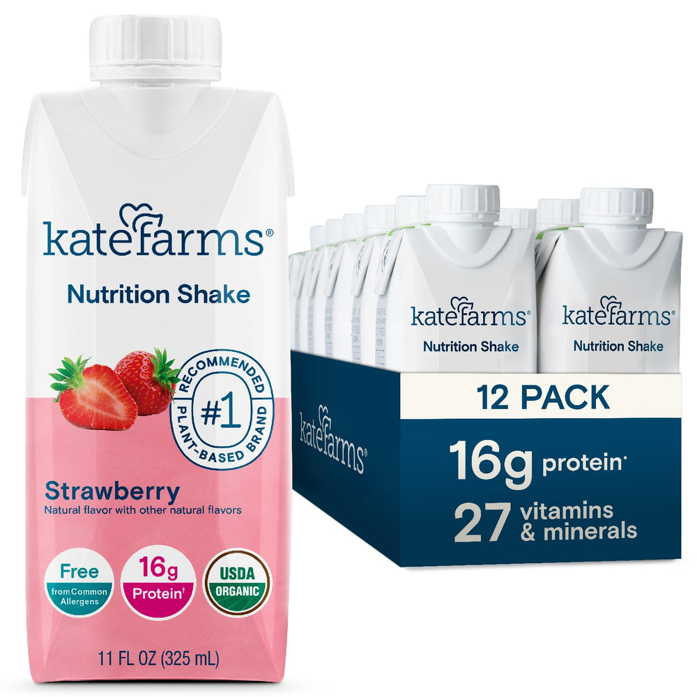Kate Farms strawberry organic nutrition shake 11oz bottle in a 12-pack for convenient meals.