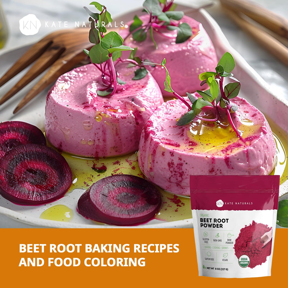 Kate Naturals beet root powder brightens juices with a vibrant hue.