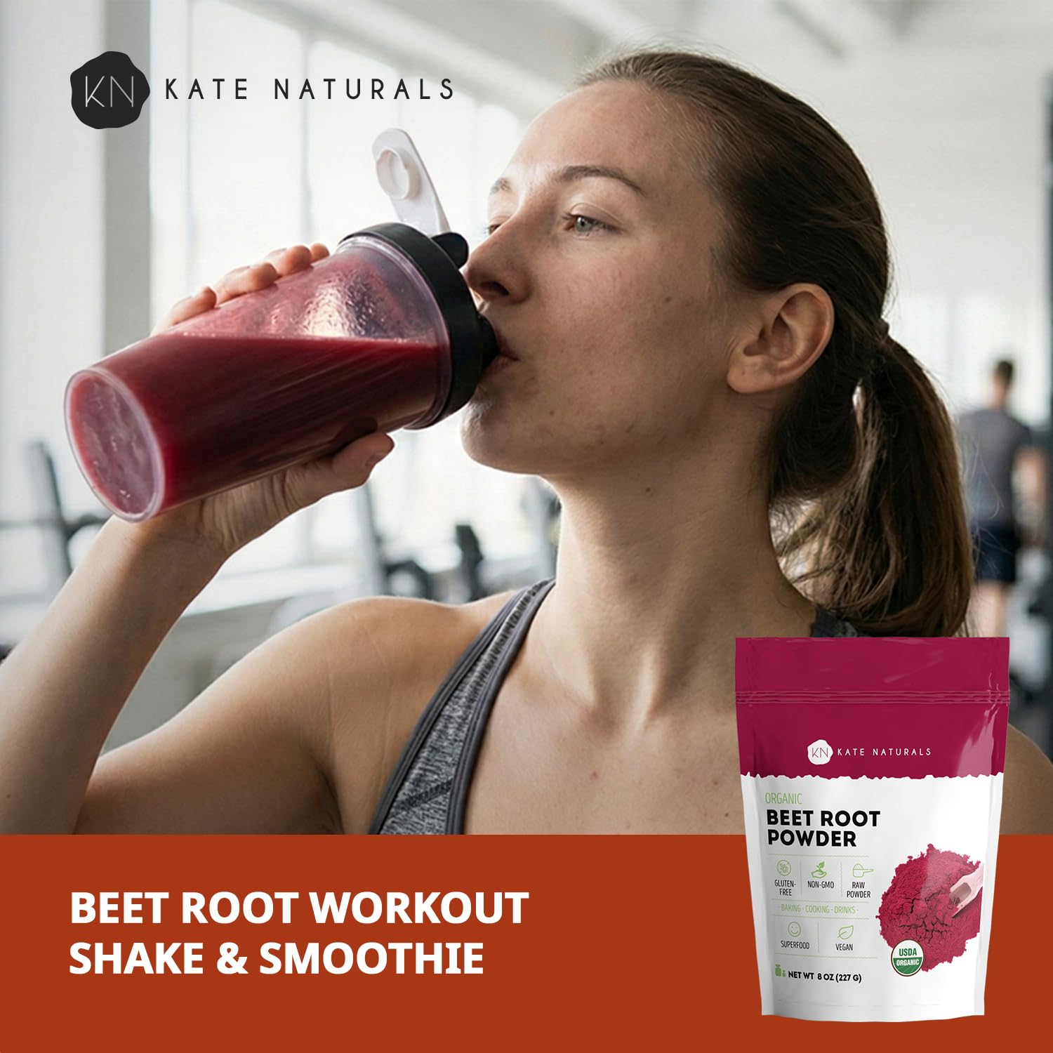 Kate Naturals beet root powder blends into smoothies for color and nutrients.