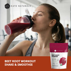 Kate Naturals beet root powder blends into smoothies for color and nutrients.