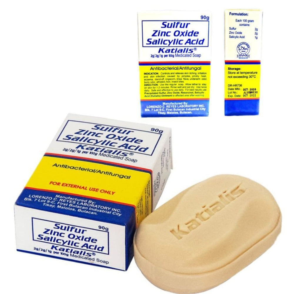 Katialis sulfur zinc oxide soap packaging showing a 90 g bar for daily cleansing