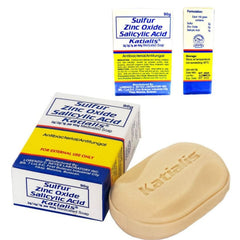 Katialis sulfur zinc oxide soap packaging showing a 90 g bar for daily cleansing