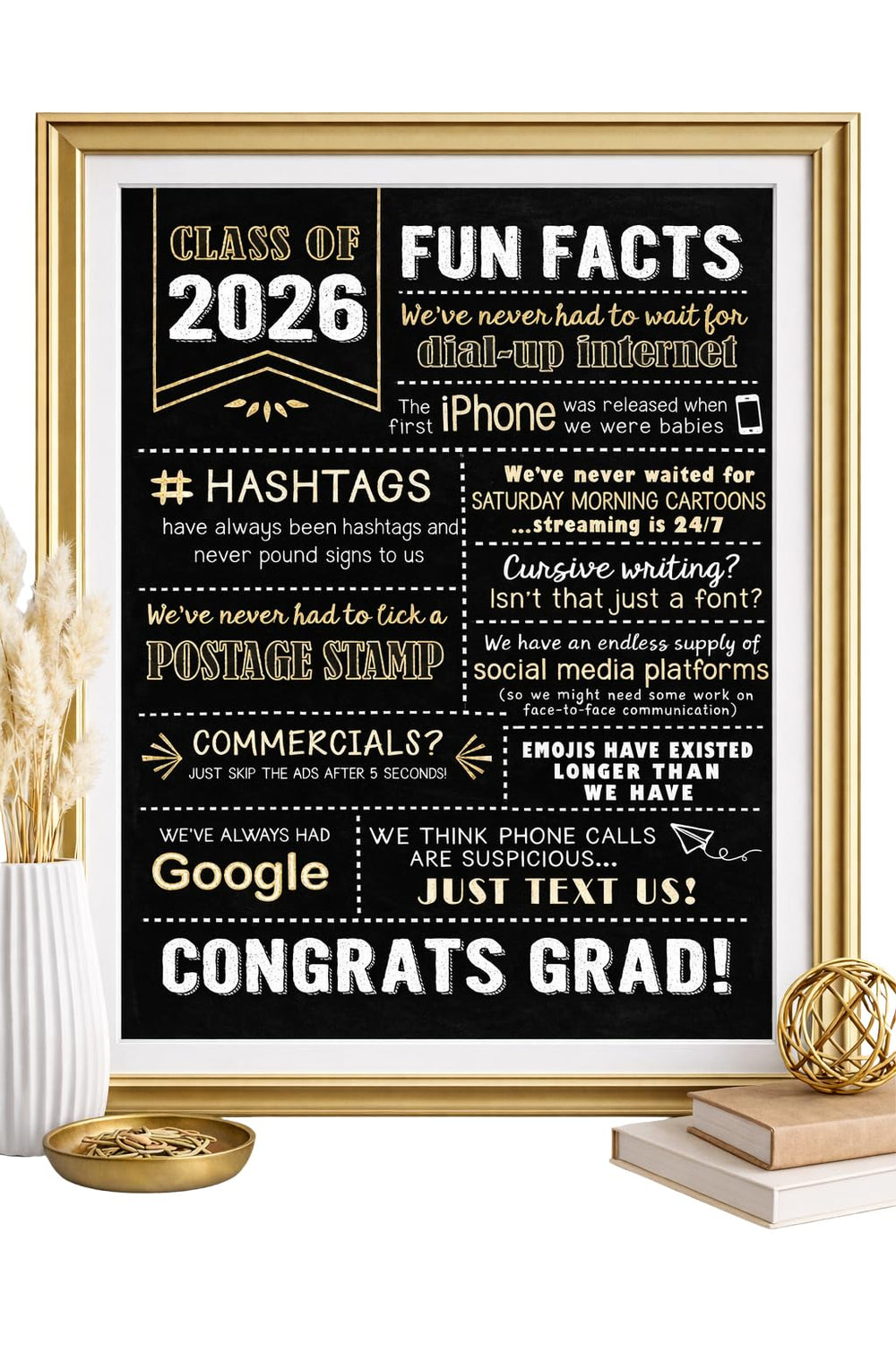 Katie Doodle 2026 Class Facts sign stands as a stunning graduation centerpiece and conversation starter.