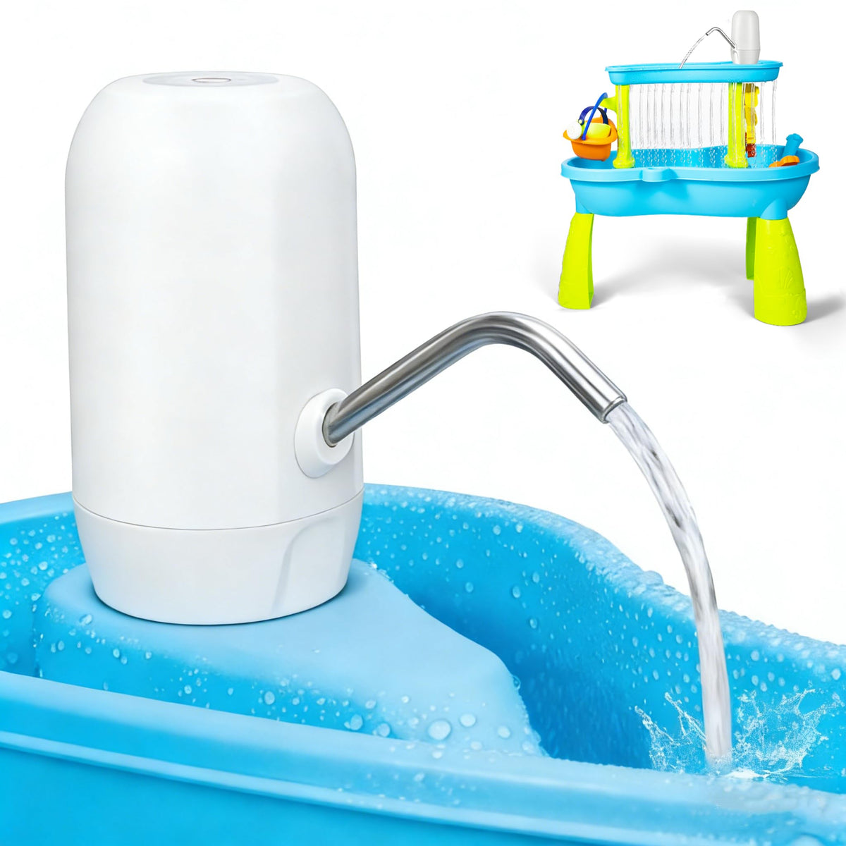 Katroiy Water Table Pump front view, compact design ideal for long play sessions.