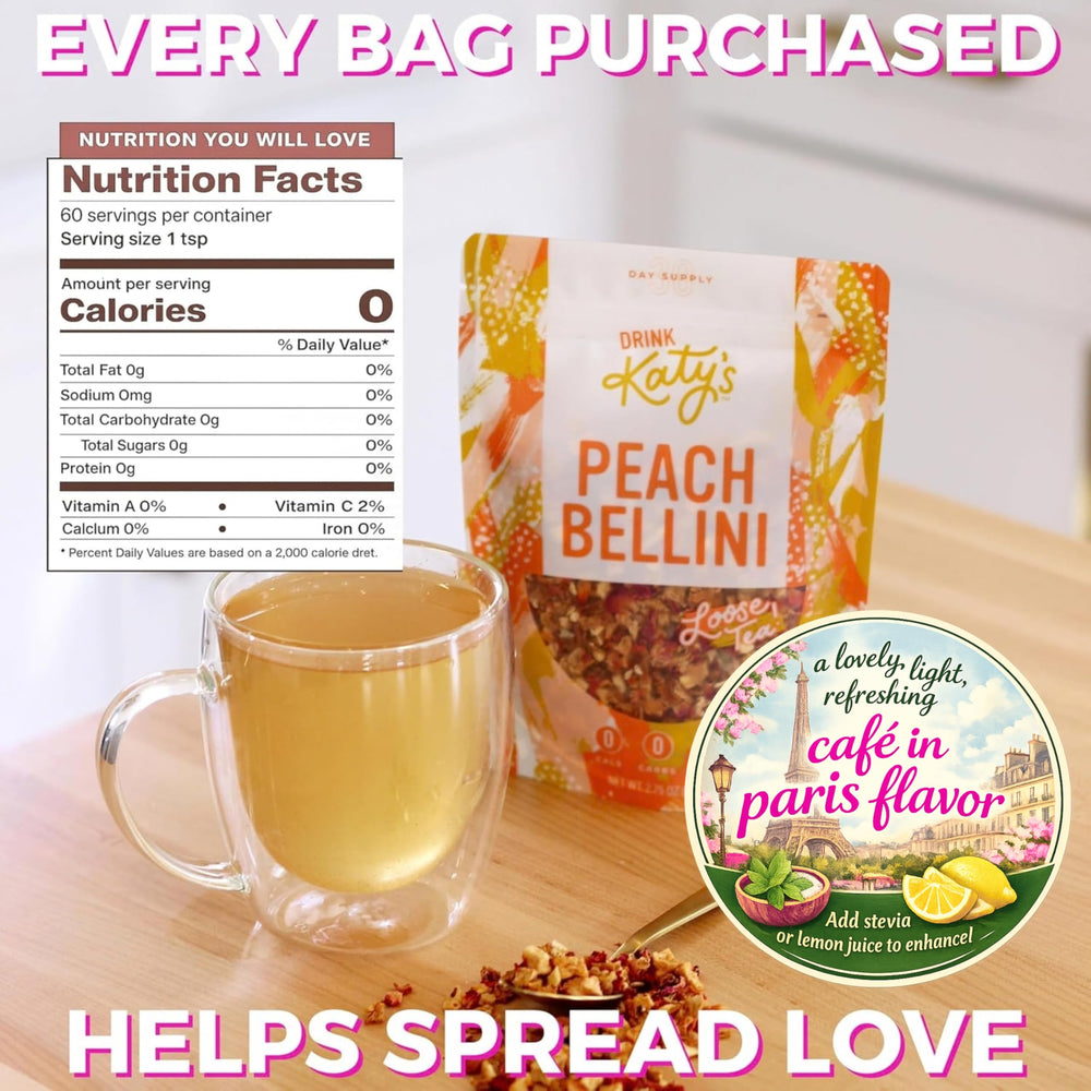 Katys Peach Bellini loose tea with peach slices and mango pieces visible
