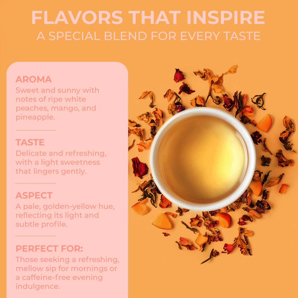 Hot brew of Katys Peach Bellini in a ceramic cup with steam