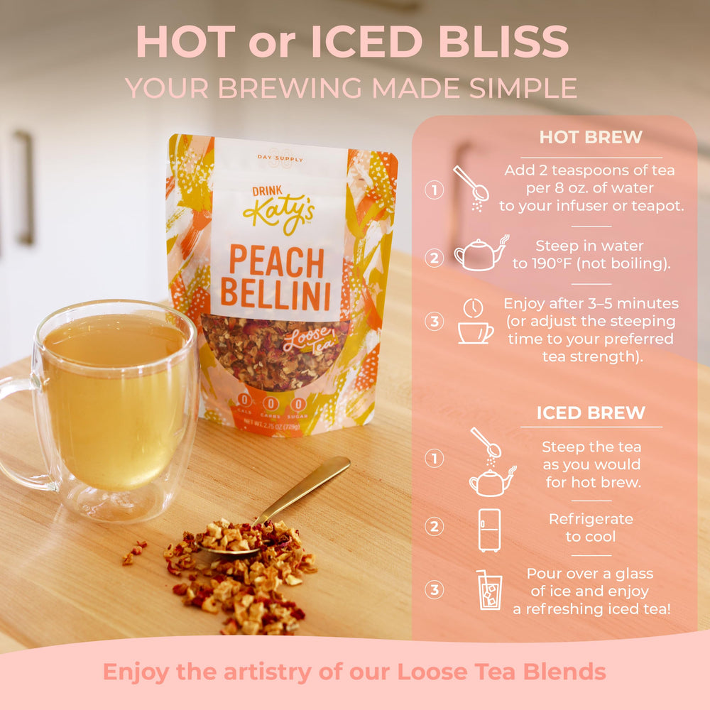 Iced Katys Peach Bellini in a tall glass with lemon slice