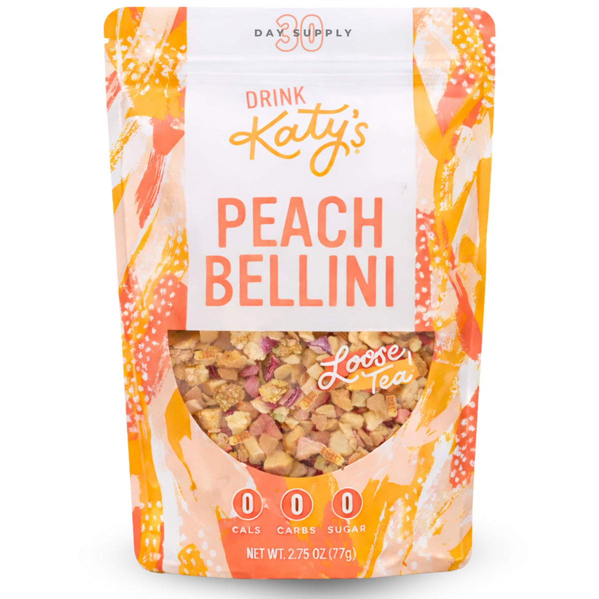 Katys Peach Bellini loose tea pouch showing real fruit pieces and bright color
