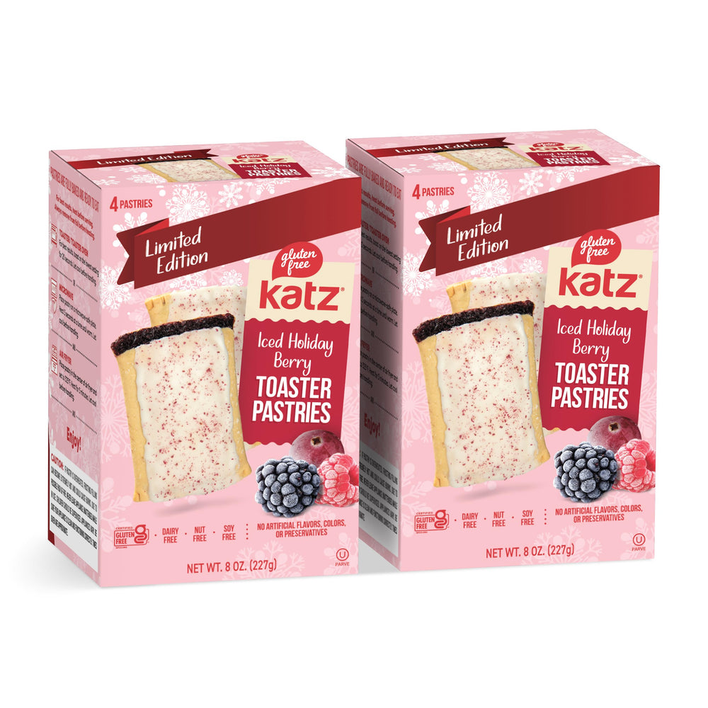 Katz Gluten Free Iced Holiday Berry Toaster Pastries in a festive pack shot, great for quick breakfasts.