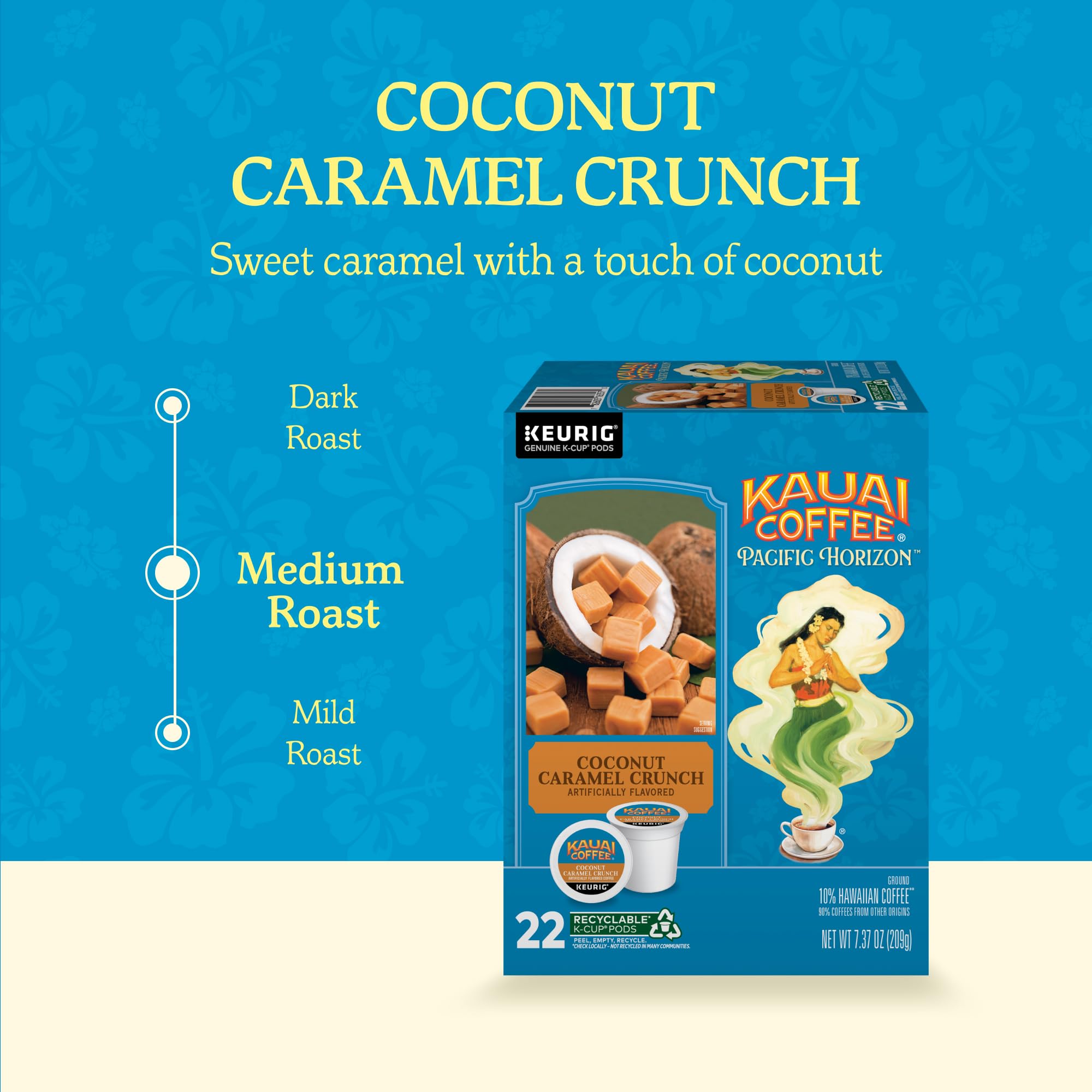 Kauai Coffee Coconut Caramel Crunch packaging label, shelf-ready and informative.